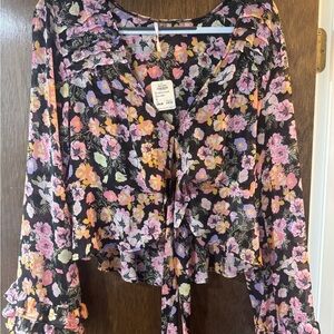 FREE PEOPLE Floral Ruffle Tie-Front Blouse